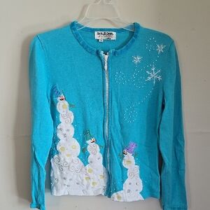 Blue and White Cardigan with Snowman and Snowflake Design